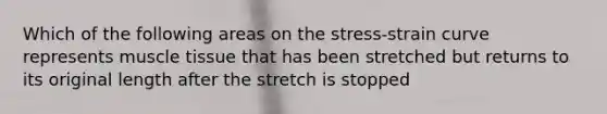 Which of the following areas on the stress-strain curve represents muscle tissue that has been stretched but returns to its original length after the stretch is stopped