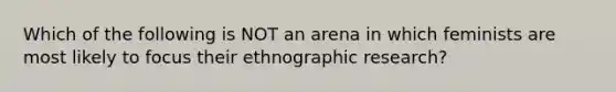 Which of the following is NOT an arena in which feminists are most likely to focus their ethnographic research?