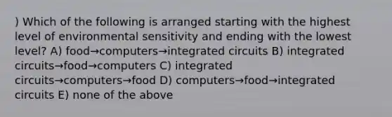 ) Which of the following is arranged starting with the highest level of environmental sensitivity and ending with the lowest level? A) food→computers→integrated circuits B) integrated circuits→food→computers C) integrated circuits→computers→food D) computers→food→integrated circuits E) none of the above