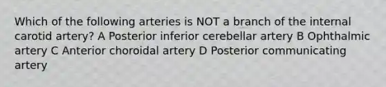 Which of the following arteries is NOT a branch of the internal carotid artery? A Posterior inferior cerebellar artery B Ophthalmic artery C Anterior choroidal artery D Posterior communicating artery