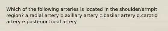 Which of the following arteries is located in the shoulder/armpit region? a.radial artery b.axillary artery c.basilar artery d.carotid artery e.posterior tibial artery