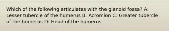 Which of the following articulates with the glenoid fossa? A: Lesser tubercle of the humerus B: Acromion C: Greater tubercle of the humerus D: Head of the humerus