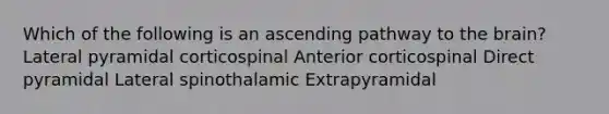 Which of the following is an ascending pathway to the brain? Lateral pyramidal corticospinal Anterior corticospinal Direct pyramidal Lateral spinothalamic Extrapyramidal