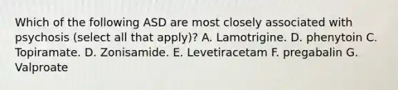 Which of the following ASD are most closely associated with psychosis (select all that apply)? A. Lamotrigine. D. phenytoin C. Topiramate. D. Zonisamide. E. Levetiracetam F. pregabalin G. Valproate