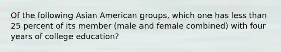 Of the following Asian American groups, which one has less than 25 percent of its member (male and female combined) with four years of college education?