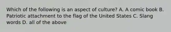 Which of the following is an aspect of culture? A. A comic book B. Patriotic attachment to the flag of the United States C. Slang words D. all of the above