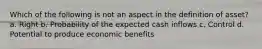 Which of the following is not an aspect in the definition of asset? a. Right b. Probability of the expected cash inflows c. Control d. Potential to produce economic benefits