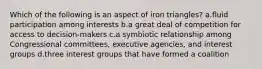 Which of the following is an aspect of iron triangles? a.fluid participation among interests b.a great deal of competition for access to decision-makers c.a symbiotic relationship among Congressional committees, executive agencies, and interest groups d.three interest groups that have formed a coalition