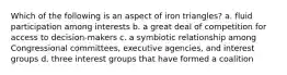 Which of the following is an aspect of iron triangles? a. fluid participation among interests b. a great deal of competition for access to decision-makers c. a symbiotic relationship among Congressional committees, executive agencies, and interest groups d. three interest groups that have formed a coalition