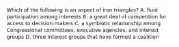 Which of the following is an aspect of iron triangles? A. fluid participation among interests B. a great deal of competition for access to decision-makers C. a symbiotic relationship among Congressional committees, executive agencies, and interest groups D. three interest groups that have formed a coalition