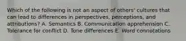 Which of the following is not an aspect of others' cultures that can lead to differences in perspectives, perceptions, and attributions? A. Semantics B. Communication apprehension C. Tolerance for conflict D. Tone differences E. Word connotations