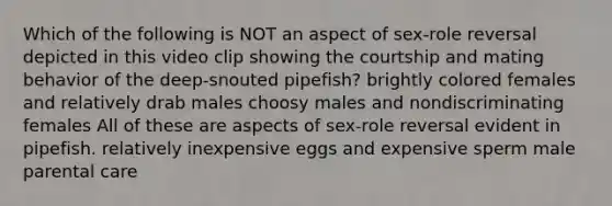 Which of the following is NOT an aspect of sex-role reversal depicted in this video clip showing the courtship and mating behavior of the deep-snouted pipefish? brightly colored females and relatively drab males choosy males and nondiscriminating females All of these are aspects of sex-role reversal evident in pipefish. relatively inexpensive eggs and expensive sperm male parental care