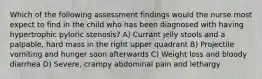 Which of the following assessment findings would the nurse most expect to find in the child who has been diagnosed with having hypertrophic pyloric stenosis? A) Currant jelly stools and a palpable, hard mass in the right upper quadrant B) Projectile vomiting and hunger soon afterwards C) Weight loss and bloody diarrhea D) Severe, crampy abdominal pain and lethargy