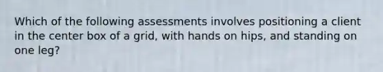 Which of the following assessments involves positioning a client in the center box of a grid, with hands on hips, and standing on one leg?