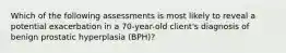 Which of the following assessments is most likely to reveal a potential exacerbation in a 70-year-old client's diagnosis of benign prostatic hyperplasia (BPH)?