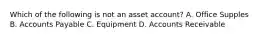 Which of the following is not an asset account? A. Office Supples B. Accounts Payable C. Equipment D. Accounts Receivable