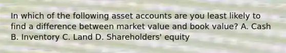 In which of the following asset accounts are you least likely to find a difference between market value and book value? A. Cash B. Inventory C. Land D. Shareholders' equity