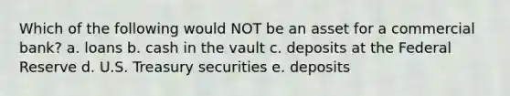 Which of the following would NOT be an asset for a commercial bank? a. loans b. cash in the vault c. deposits at the Federal Reserve d. U.S. Treasury securities e. deposits