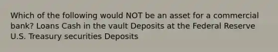 Which of the following would NOT be an asset for a commercial bank? Loans Cash in the vault Deposits at the Federal Reserve U.S. Treasury securities Deposits