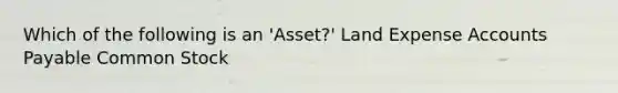 Which of the following is an 'Asset?' Land Expense <a href='https://www.questionai.com/knowledge/kWc3IVgYEK-accounts-payable' class='anchor-knowledge'>accounts payable</a> Common Stock