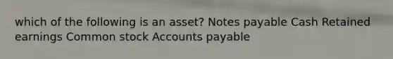 which of the following is an asset? <a href='https://www.questionai.com/knowledge/kFEYigYd5S-notes-payable' class='anchor-knowledge'>notes payable</a> Cash Retained earnings Common stock <a href='https://www.questionai.com/knowledge/kWc3IVgYEK-accounts-payable' class='anchor-knowledge'>accounts payable</a>