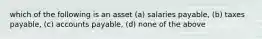 which of the following is an asset (a) salaries payable, (b) taxes payable, (c) accounts payable, (d) none of the above