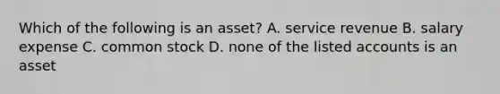 Which of the following is an asset? A. service revenue B. salary expense C. common stock D. none of the listed accounts is an asset