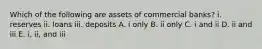 Which of the following are assets of commercial banks? i. reserves ii. loans iii. deposits A. i only B. ii only C. i and ii D. ii and iii E. i, ii, and iii