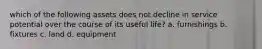 which of the following assets does not decline in service potential over the course of its useful life? a. furnishings b. fixtures c. land d. equipment