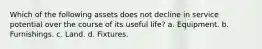 Which of the following assets does not decline in service potential over the course of its useful life? a. Equipment. b. Furnishings. c. Land. d. Fixtures.