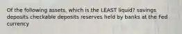 Of the following assets, which is the LEAST liquid? savings deposits checkable deposits reserves held by banks at the Fed currency