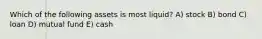Which of the following assets is most liquid? A) stock B) bond C) loan D) mutual fund E) cash