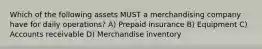 Which of the following assets MUST a merchandising company have for daily operations? A) Prepaid insurance B) Equipment C) Accounts receivable D) Merchandise inventory