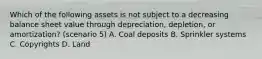 Which of the following assets is not subject to a decreasing balance sheet value through depreciation, depletion, or amortization? (scenario 5) A. Coal deposits B. Sprinkler systems C. Copyrights D. Land