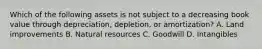 Which of the following assets is not subject to a decreasing book value through​ depreciation, depletion, or​ amortization? A. Land improvements B. Natural resources C. Goodwill D. Intangibles