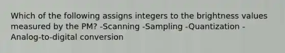 Which of the following assigns integers to the brightness values measured by the PM? -Scanning -Sampling -Quantization -Analog-to-digital conversion