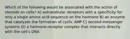 Which of the following would be associated with the action of steroids on cells? A) extracellular receptors with a specificity for only a single amino acid sequence on the hormone B) an enzyme that catalyzes the formation of cyclic AMP C) second-messenger systems D) a hormone-receptor complex that interacts directly with the cellʹs DNA