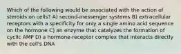 Which of the following would be associated with the action of steroids on cells? A) second-messenger systems B) extracellular receptors with a specificity for only a single amino acid sequence on the hormone C) an enzyme that catalyzes the formation of cyclic AMP D) a hormone-receptor complex that interacts directly with the cell's DNA