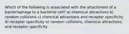 Which of the following is associated with the attachment of a bacteriophage to a bacterial cell? a) chemical attractions b) random collisions c) chemical attractions and receptor specificity d) receptor specificity e) random collisions, chemical attractions, and receptor specificity