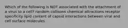 Which of the following is NOT associated with the attachment of a virus to a cell? random collisons chemical attractions receptor specificity lipid content of capsid interactions between viral and cell surface molecules