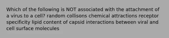 Which of the following is NOT associated with the attachment of a virus to a cell? random collisons chemical attractions receptor specificity lipid content of capsid interactions between viral and cell surface molecules