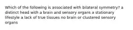 Which of the following is associated with bilateral symmetry? a distinct head with a brain and sensory organs a stationary lifestyle a lack of true tissues no brain or clustered sensory organs