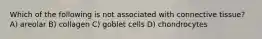 Which of the following is not associated with connective tissue? A) areolar B) collagen C) goblet cells D) chondrocytes