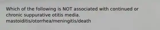 Which of the following is NOT associated with continued or chronic suppurative otitis media. mastoiditis/otorrhea/meningitis/death