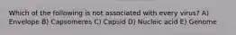 Which of the following is not associated with every virus? A) Envelope B) Capsomeres C) Capsid D) Nucleic acid E) Genome