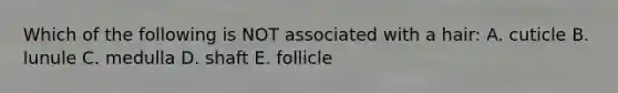 Which of the following is NOT associated with a hair: A. cuticle B. lunule C. medulla D. shaft E. follicle