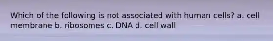 Which of the following is not associated with human cells? a. cell membrane b. ribosomes c. DNA d. cell wall