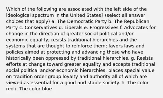 Which of the following are associated with the left side of the ideological spectrum in the United States? (select all answer choices that apply) a. The Democratic Party b. The Republican Party c. Conservatives d. Liberals e. Progressives f. Advocates for change in the direction of greater social political and/or economic equality; resists traditional hierarchies and the systems that are thought to reinforce them; favors laws and policies aimed at protecting and advancing those who have historically been oppressed by traditional hierarchies. g. Resists efforts at change toward greater equality and accepts traditional social political and/or economic hierarchies; places special value on tradition order group loyalty and authority all of which are viewed as essential for a good and stable society. h. The color red i. The color blue