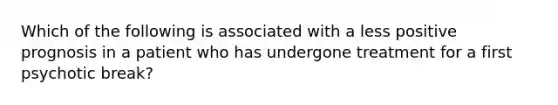 Which of the following is associated with a less positive prognosis in a patient who has undergone treatment for a first psychotic break?