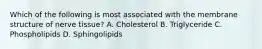 Which of the following is most associated with the membrane structure of nerve tissue? A. Cholesterol B. Triglyceride C. Phospholipids D. Sphingolipids